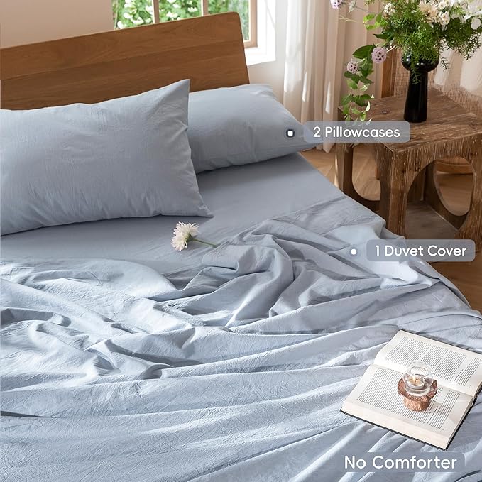 MooMee Bedding Duvet Cover Set 100% Washed Cotton Linen Like Textured Breathable Durable Soft Comfy (Heathered Cornflower Blue, Oversized King Plus 128"x120")