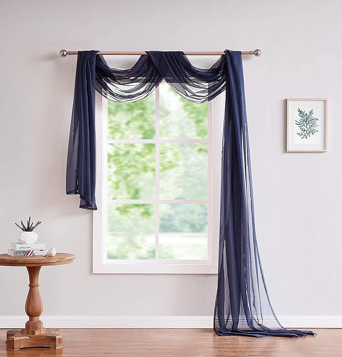 LinenZone Navy Window Scarf Valance in 216 Inch Size. Use Window Scarves as Canopy Bed or Backdrop Curtains, Curtain Scarf, or Sheer Fabric for Draping. (Amazing 55 x 216, Navy)