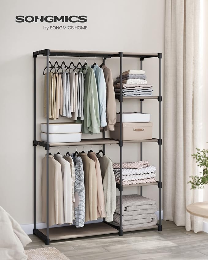 SONGMICS Portable Closet, Freestanding Closet Organizer, Clothes Rack with Shelves, Hanging Rods, Storage Organizer, for Cloakroom, Bedroom, 48.8 x 16.9 x 71.7 Inches, Taupe URYG026R02