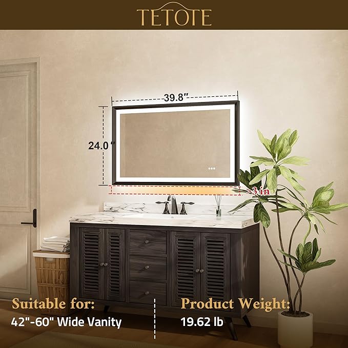 TETOTE LED Bathroom Mirror with Lights Brushed Nickel Metal Framed 40x24 Frontlit & Backlit Silver Vanity Mirror Baroque Antifog Stepless Dimmable White/Warm/Natural,Wall Mounted(Horizontal/Vertical)