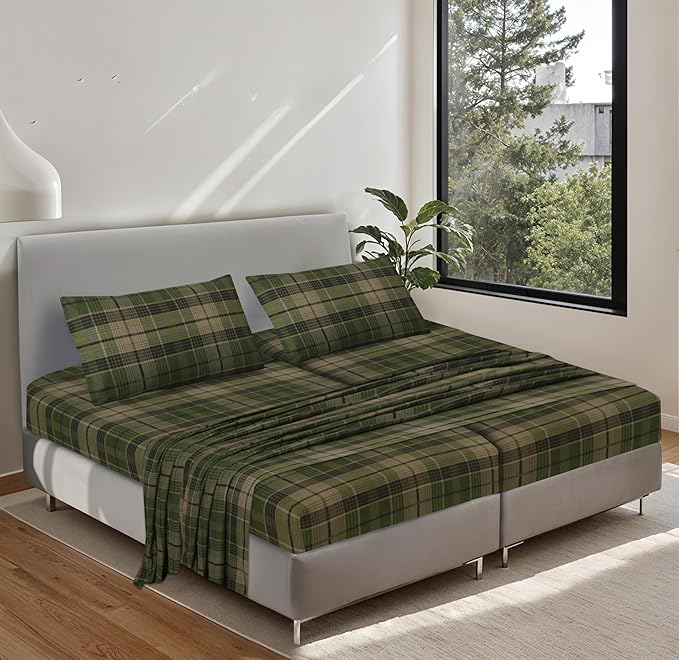 RUVANTI Flannel Sheets Split King Size - 100% Cotton Brushed Split King Bed Sheets Set, Deep Pockets 16 Inches, All Seasons Breathable & Extra Soft, Warm & Cozy, 5 Piece, DNA Plaid