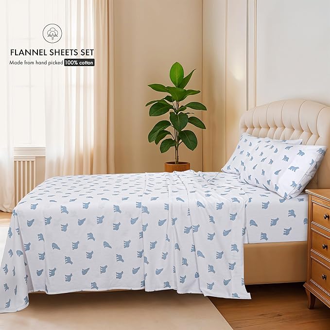 RUVANTI Flannel Sheets King Size - 100% Cotton Brushed King Bed Sheets Set - Deep Pockets 16 Inches - All Seasons Breathable & Extra Soft - Warm & Cozy, 4 Piece, Happy Cubs