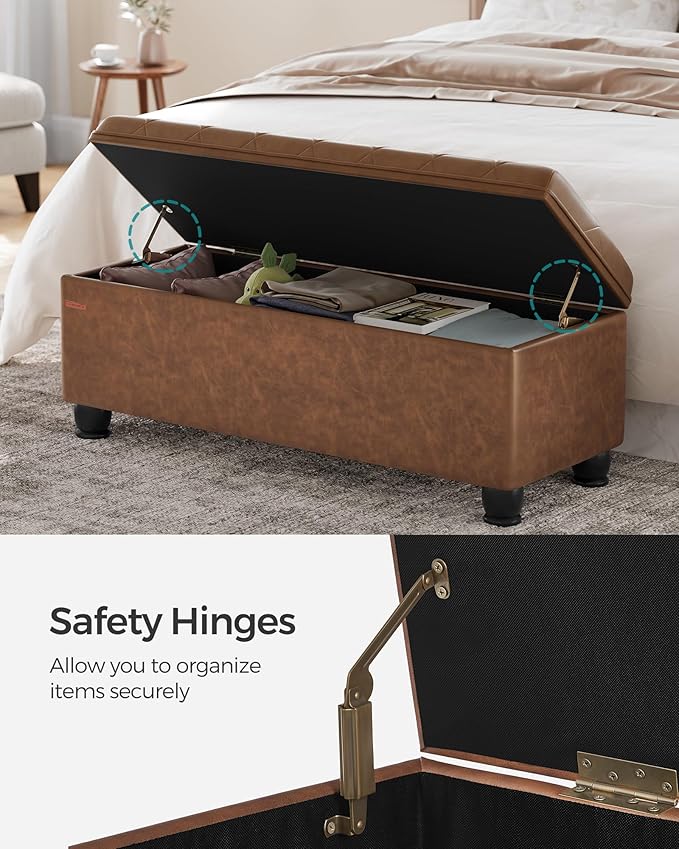 SONGMICS Storage Ottoman, Storage Bench, Tufted Entryway Bedroom Bench, 17.7 x 46.5 x 17.7 Inches, Hinges Easy Lid Operation, Wooden Legs, Synthetic Leather, Loads 330 lb, Coffee Brown ULOM071K01