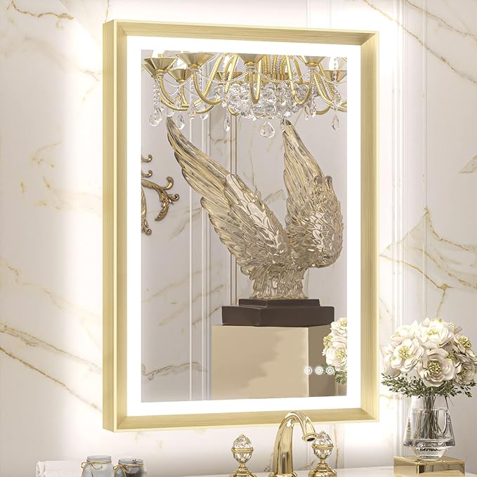 TETOTE Gold LED Bathroom Mirror with Lights 24x36 Frontlit & Backlit Vanity Framed Mirror Baroque Anti Fog Stepless Dimmable White/Warm/Natural,CRI90+,Waterproof,Wall Mounted(Horizontal/Vertical)