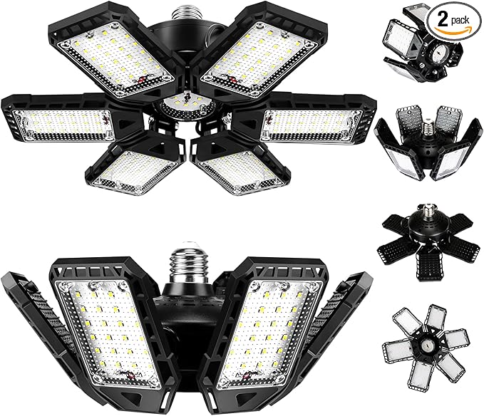 LED Garage Lights Bulb 2 Pack 180W 18000LM 6500K Led Shop Light with 6 Plus 1 Deformable Panels Basement Barn Ceiling Lights for E26/E27