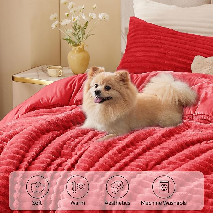BEDELITE Fleece Queen Comforter Set -Super Soft & Warm Fluffy Red Bedding, Luxury Fuzzy Heavy Bed Set for Winter with 2 Pillow Cases