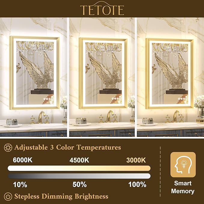 TETOTE Gold LED Bathroom Mirror with Lights 42x36 Front & Back Light Vanity Framed Mirror Baroque Anti Fog Dimmable White/Warm/Natural,CRI90+,Waterproof,Wall Mounted(Horizontal/Vertical)