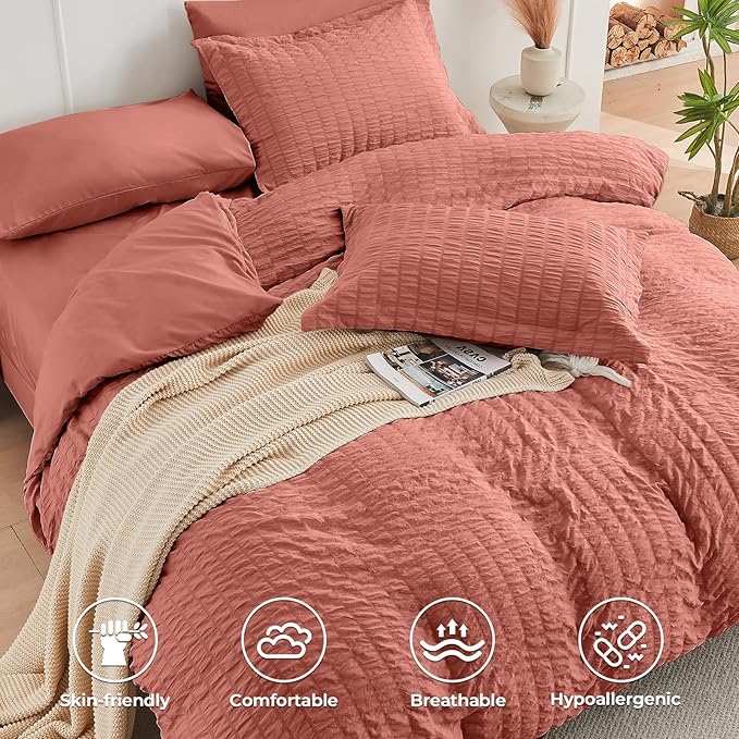 HYMOKEGE Coral Twin XL Comforter Set Seersucker 5 Pieces, All Season Luxury Bed in a Bag for Bedroom, Bedding Set with Comforter, Sheets, Pillowcase & Sham