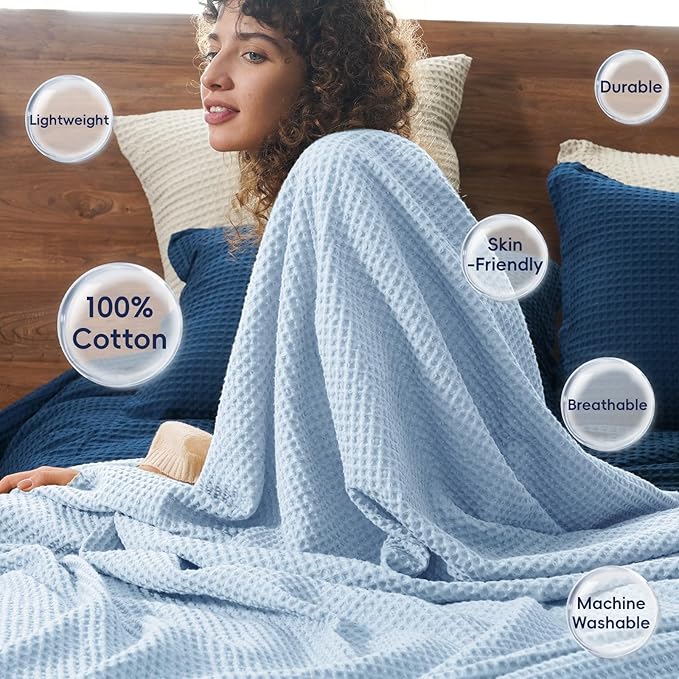 PHF Pre-Washed Cotton Waffle Weave Blanket Throw Size for Couch Bed,Snag Proof Spring Summer Lightweight Breathable,Oeko-TEX Certified,Machine Washable, Home Decor Gift，Sky Blue/Baby Blue