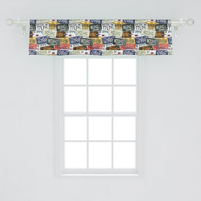 Ambesonne Vintage Window Valance, Original Retro Style License Plates Personalized Creative Travel Vacation, Curtain Valance for Kitchen Bedroom Decor with Rod Pocket, 42" x 12", Green Blue Yellow