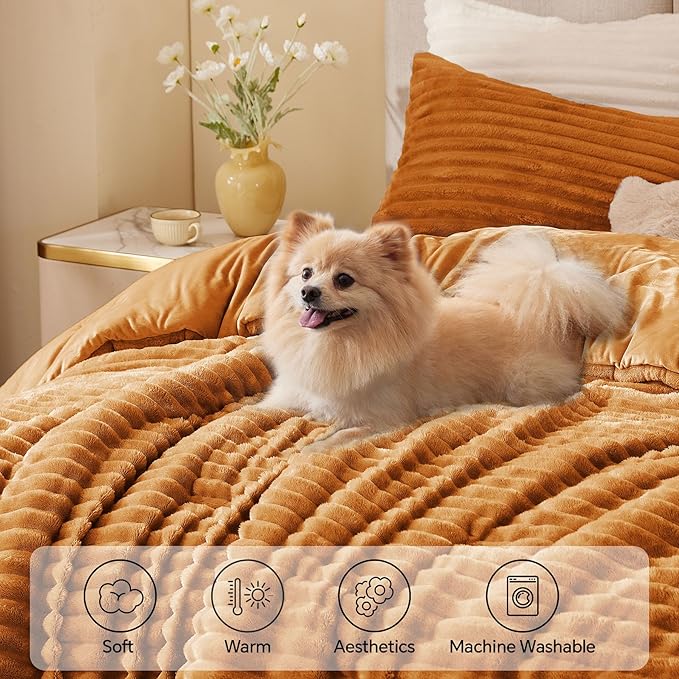 BEDELITE Fleece King Comforter Set -Super Soft & Warm Fluffy Rust Orange Bedding, Luxury Fuzzy Heavy Bed Set for Winter with 2 Pillow Cases