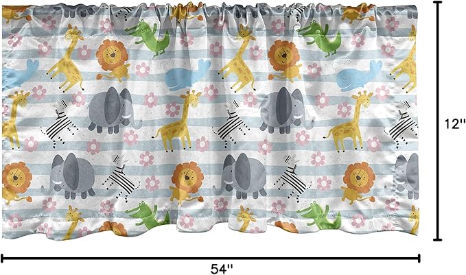 Ambesonne Savannah Window Valance, Friendly Zoo Animals with Happy Faces Cartoon Characters on Stripes Print, Curtain Valance for Kitchen Bedroom Decor with Rod Pocket, 54" X 12", Pale Azure Blue