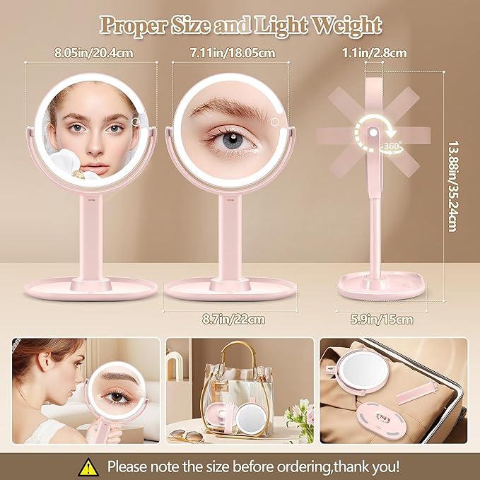 Makeup Mirror with Lights, Double Sided 1x/20x Magnifying Mirror with Light, Rechargeable 3 Color Lights and Adjustable Brightness, 360° Rotation Detachable Comes with Tweezer(Pink)
