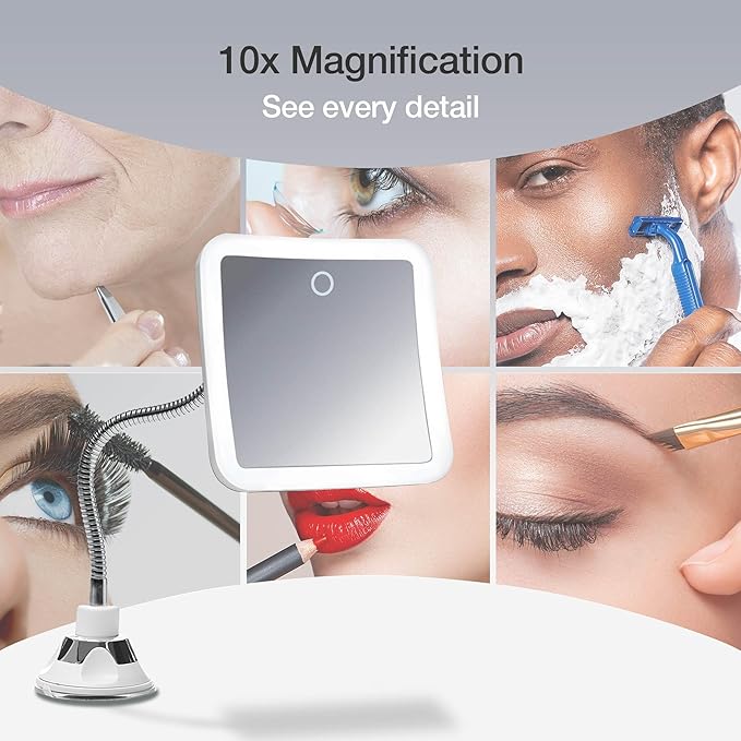 Fancii 10x Flexible Magnifying Mirror with 3 LED Light Settings, Rechargeable - Gooseneck Lighted Makeup Mirror for Bathroom, Locking Suction Mount, Cordless, 360° Rotatable (Mira 2 Plus)