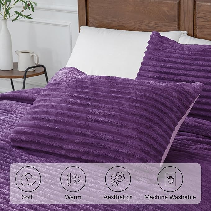 BEDELITE Fleece California King Comforter Set -Super Soft & Warm Fluffy Purple Bedding, Luxury Fuzzy Heavy Bed Set for Winter with 2 Pillow Cases