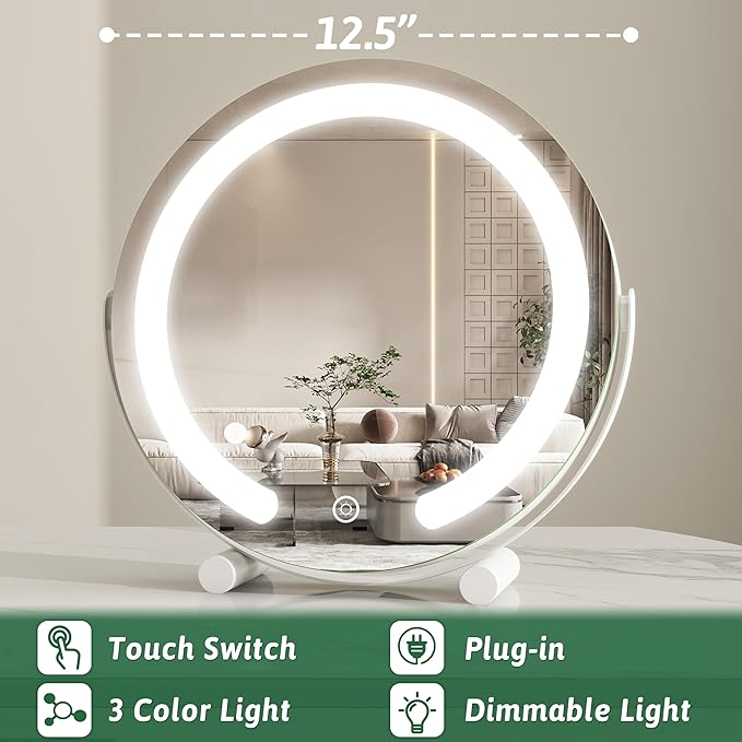 Vanity Mirror with Lights, 12 Inch Light Up Makeup Mirror, LED Makeup Mirror with Lights for Bedroom Tabletop, Smart Touch Control 3 Colors Dimmable, 360° Rotation, White