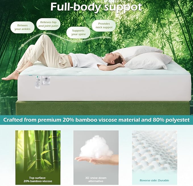 Hansleep Full Size Mattress Topper Viscose Derived from Bamboo, Memory Foam Pillow Top Mattress Topper Full with Deep Pocket, Breathable Mattress Pad for Back Pain Relief, 54" x75", Charcoal Grey
