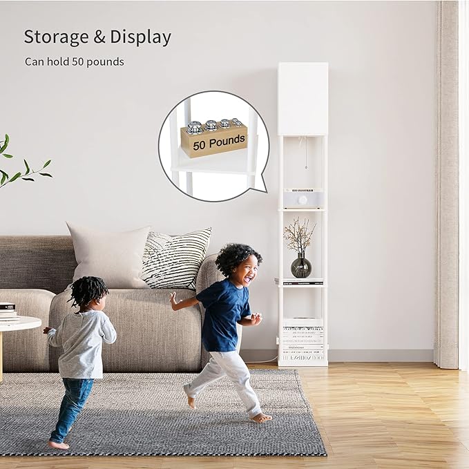 SUNMORY Shelf Floor Lamp with 3-Way Dimmable LED Bulb, Modern Square Standing Lamp with Shelves and White Shade, Corner Display Bookshelf Lamp for Living Room and Bedroom(White)
