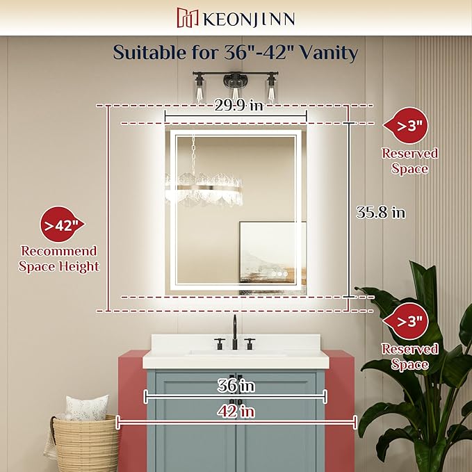Keonjinn LED Bathroom Mirror 30 x 36 Inch with Front and Back Light, Stepless 3 Colors Temperature & Dimmable Backlit Mirror, UL Listed LED Driver, Double Lights Tempered Glass LED Wall Vanity Mirror