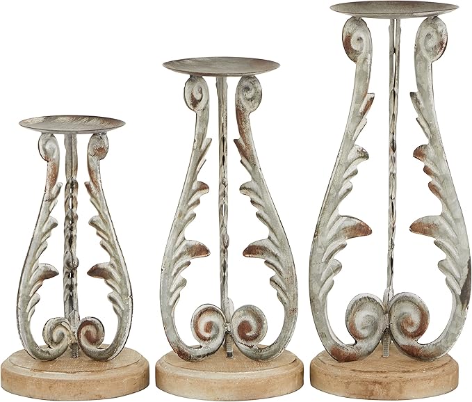 Deco 79 Metal Solid Candle Holder, Set of 3 14", 12", 10"H, Silver