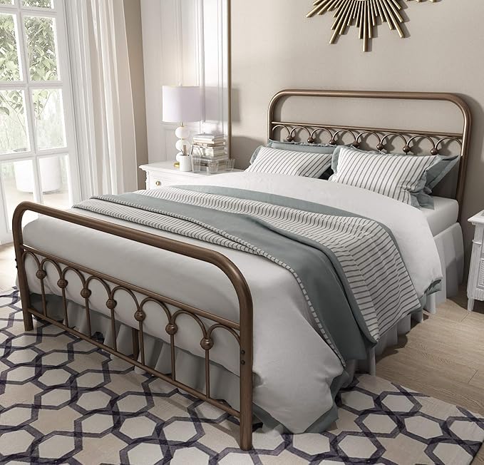 YALAXON Vintage Sturdy Full Size Metal Bed Frame with Headboard and Footboard Basic Bed Frame No Box Spring Needed，Antique Brown