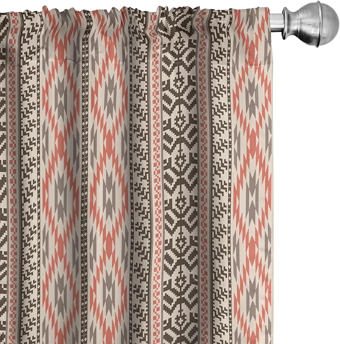 Ambesonne Southwestern Window Curtains Pack of 2, Traditional Vertical Borders Inspired by Prehistoric Art Ikat Style, Lightweight Set with Rod Pocket, 4 Panels of - 28" x 63", Brown Coral