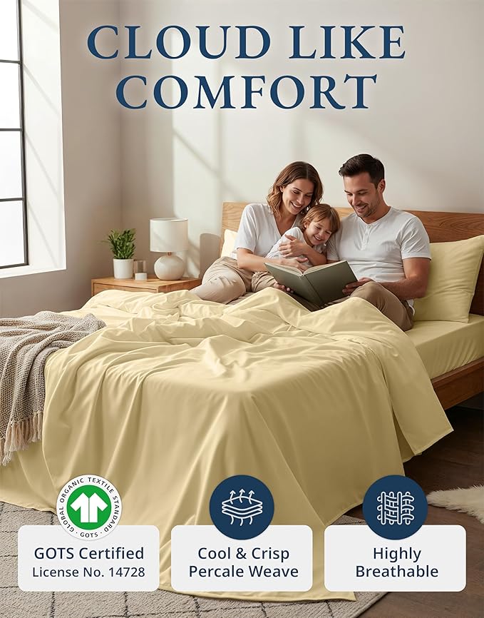 LANE LINEN 100% Organic Cotton Full Size Bed Sheets, Sustainably Produced Okeo Tex Certified Cotton Sheets Full, Luxury Hotel Percale Soft & Comfy Comes in Variety of Colors- Vanilla