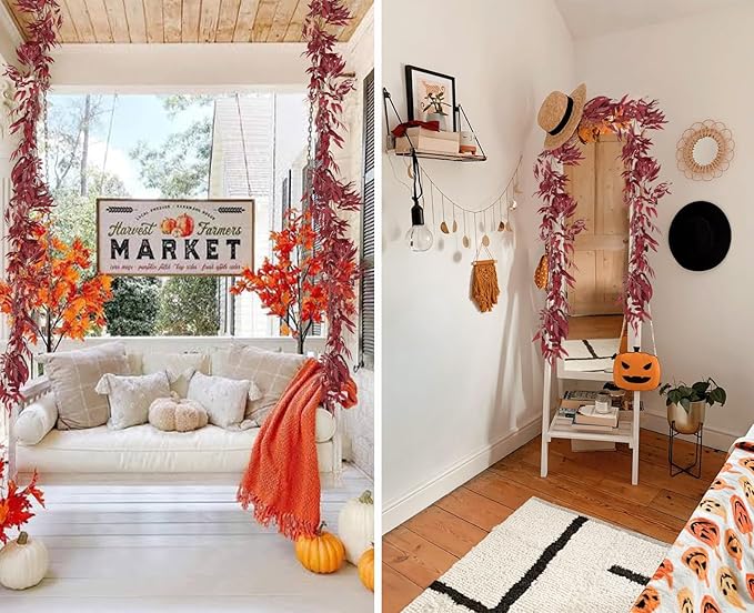 RECUTMS Artificial Hanging Willow Leaves Vine Twigs 2Pcs 5.7Ft Fake Silk Burgundy Leaf Ivy Fall Garland Faux Greenery Indoor Outdoor Valentines Day Wedding Birthday Christmas Thanksgiving Party Decor