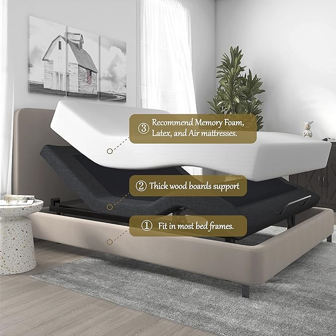 SHA CERLIN 14 Inch Twin XL Size Adjustable Bed Base/Bed Frame with Head and Foot Articulation Incline, Wireless Remote,Wood Board Support (Base Only)