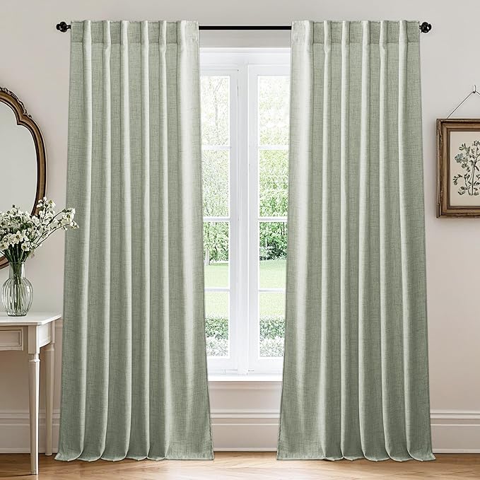 RYB HOME Linen Sheer Curtains and Drapes for Living Room 108 inches Length, Breathable Back Tab/Rod Pocket Semi Sheer Curtains, Sage Green, W 52 x L 108 inches, 2 Panels Set