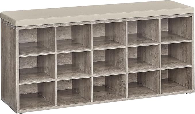 VASAGLE CUSTOS Collection - Shoe Bench, Storage Bench with Padded Seat, Entryway Bench with 15 Compartments, for Bedroom, 11.8 x 41.3 x 18.9 Inches, Heather Greige and Cappuccino Beige ULHS015K01