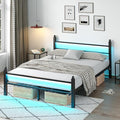 Queen Bed Frame with Headboard and Footboard, Metal Bed Frame with Charging Station and LED Lights, Under Bed Storage, No Box Spring Needed,Noise Free, Black