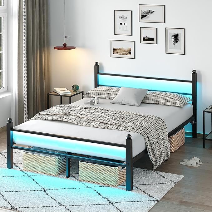 Full Bed Frame with Headboard and Footboard, Metal Bed Frame with Charging Station and LED Lights, Under Bed Storage, No Box Spring Needed,Noise Free, Black