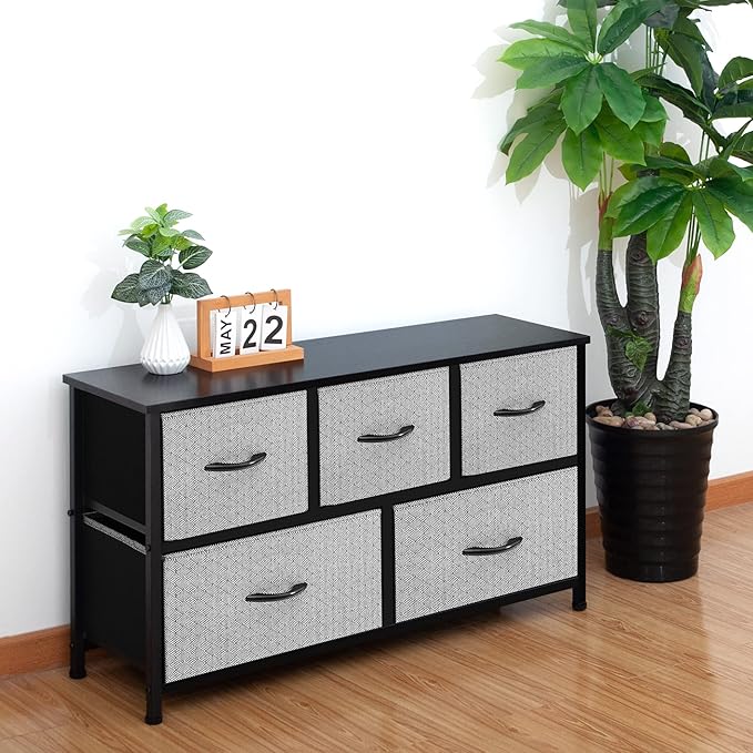 AZL1 Life Concept Extra Wide Dresser Storage Tower with Sturdy Steel Frame,5 Drawers of Easy-Pull Fabric Bins, Organizer Unit for Bedroom, Hallway, Entryway, Grey with Black