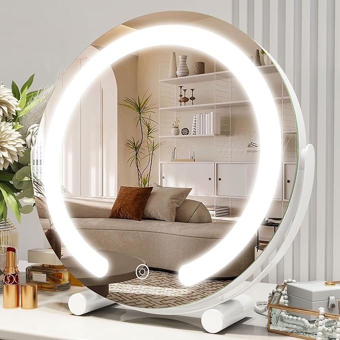 Vanity Mirror with Lights, 12 Inch Light Up Makeup Mirror, LED Makeup Mirror with Lights for Bedroom Tabletop, Smart Touch Control 3 Colors Dimmable, 360° Rotation, White