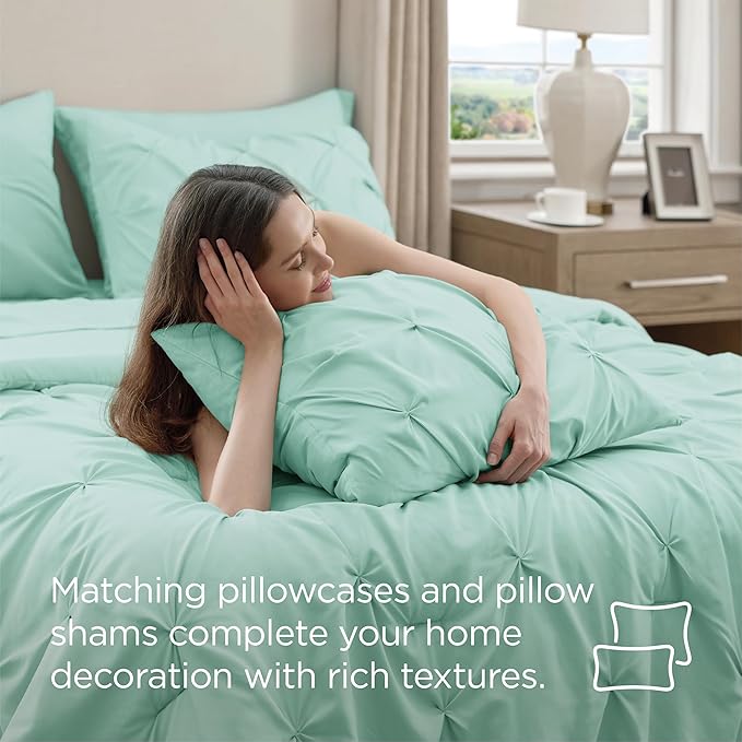 Bedsure Queen Comforter Set Mint Green - Bed in a Bag Queen Size Bedding 7 Pieces, GentleSoft™ Pintuck Bed Set Gift for Family, Pinch Pleat All Season Comforter with Sheets, Pillowcases & Shams