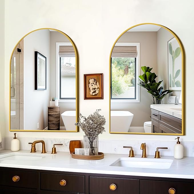 FICTOR Bathroom Vanity Mirror for Wall,2 Pack 24”x36” Arched Metal Framed Bathroom Mirror for Over Sink, Entryway, Living Room,Bedroom(Gold)
