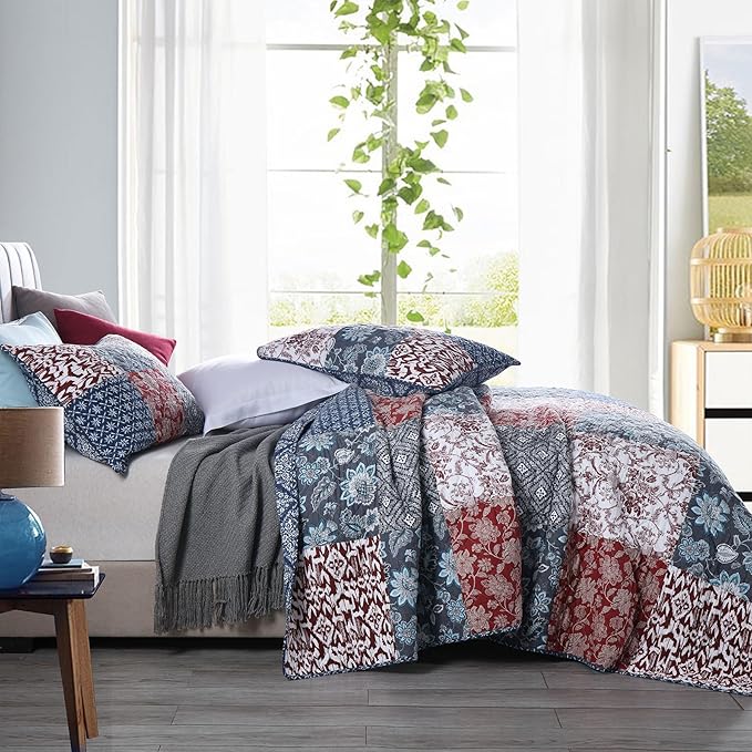 Secgo Twin Comforter Set for Bed - 100% Cotton Quilts Twin Size, Black Bedspreads with 2 Pillow Shams, Patchwork Reversible Lightweight Bedding