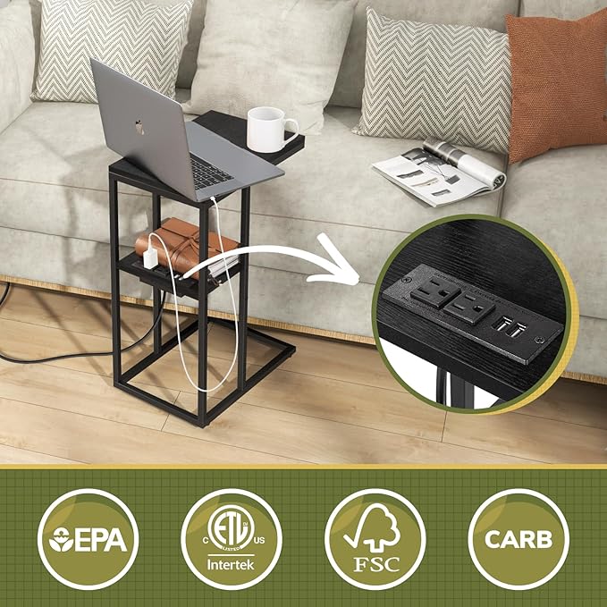 Yoobure C Shaped End Table with Charging Station for Living Room, Bedroom, Sofa Table with USB Ports and Outlets for Small Spaces, Couch Rustic Snack Bed Table