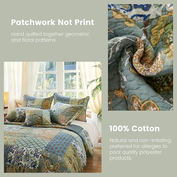 Secgo California King Quilt Size - 100% Cotton Oversized California Comforter Set Green Bedding Sets (120 * 110 Inch) with 2 Pillow Shams, Patchwork Reversible Lightweight Bedspread
