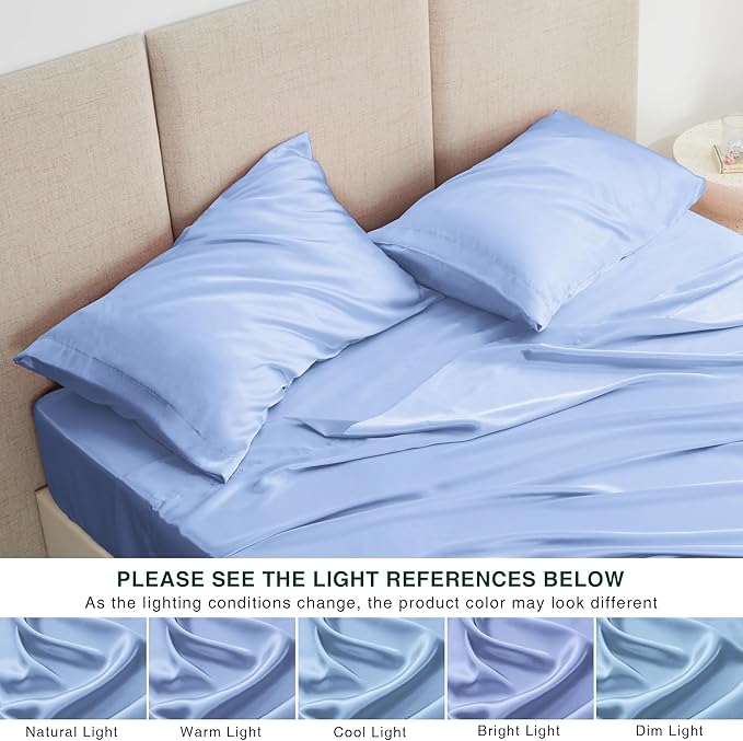Love's cabin Satin King Sheet Sets - 4 Piece Sky Blue Silky Sheets King Size Bed with Deep Pocket, Luxury Silk Feel King Size Satin Sheet Set (1 Flat Sheet,1 Fitted Sheet,2 Pillow Cases)
