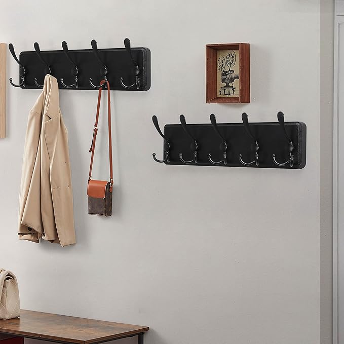 Dseap Coat Rack Wall Mounted - 5 Tri Hooks, Heavy Duty, Wooden Wall Coat Hanger Coat Hook for Clothes Hat Jacket Clothing, Black, Pack of 2