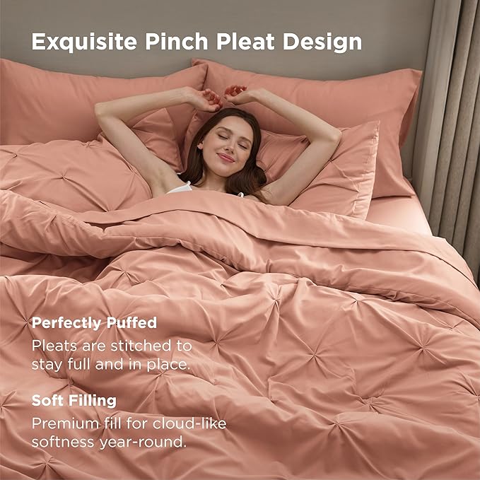 Bedsure King Size Comforter Set Dusty Pink - Bed in a Bag Bedding Set 7 Pieces, GentleSoft™ Pintuck Bed Set Gift for Family, Pinch Pleat Dusty Pink Comforter with Sheets, Pillowcases & Shams