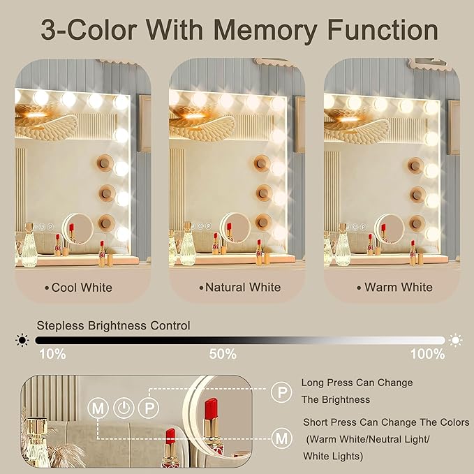 Hollywood Vanity Mirror with Lights, 15 Dimmable Bulbs, 3 Color Lights,Make Up Lighted Mirror, Aluminum Metal Frame, USB Charging Port（23" x 18"）