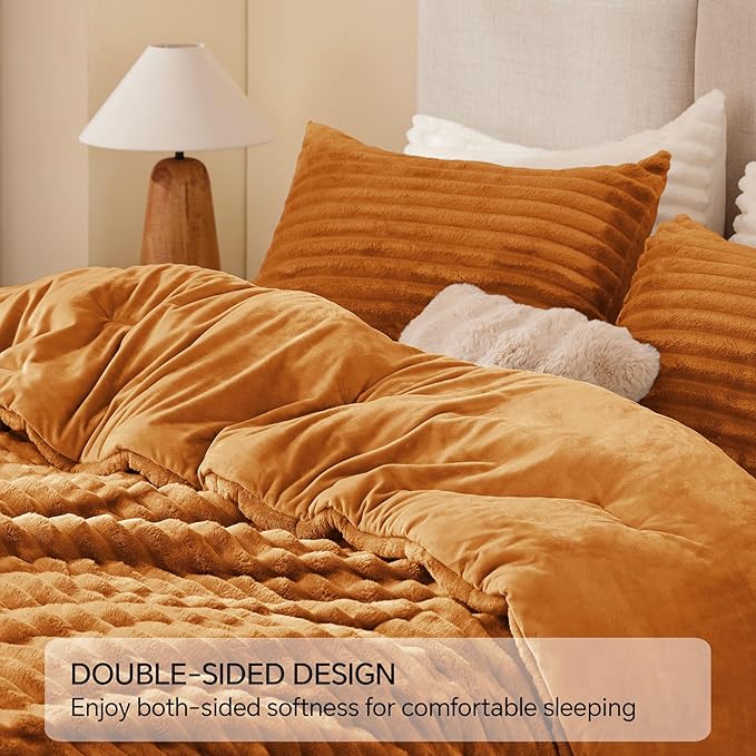BEDELITE Fleece Queen Comforter Set -Super Soft & Warm Fluffy Rust Orange Bedding, Luxury Fuzzy Heavy Bed Set for Winter with 2 Pillow Cases