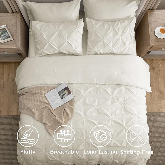 Bedsure Queen Comforter Set Ivory - Bed in a Bag Queen Size Bedding 7 Pieces, GentleSoft™ Pintuck Bed Set Gift for Family, Pinch Pleat All Season Comforter with Sheets, Pillowcases & Shams