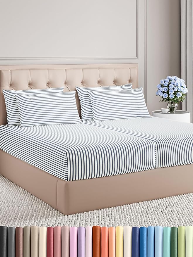Split King 7 Piece Sheet Set - Comfy Breathable & Cooling - Soft Hotel Luxury Bedding Set w/ 8-16 Inch Deep Pockets - 1 Flat & 2 Fitted Sheet & 4 Pillowcases - Cozy and Wrinkle Free - Blue Stripes 2