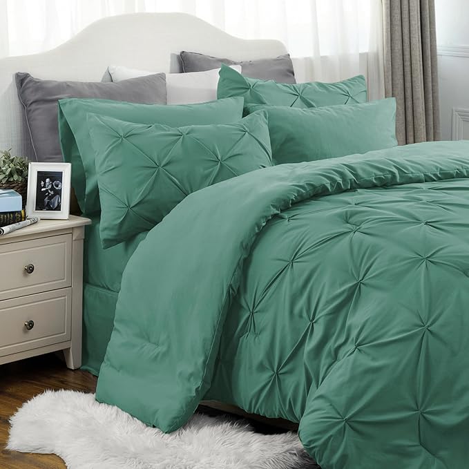 Bedsure Queen Comforter Set Baby Pea Green - Bed in a Bag Queen Size Bedding 7 Pieces, GentleSoft™ Pintuck Bed Set Gift for Family, Pinch Pleat All Season Comforter with Sheets, Pillowcases & Shams
