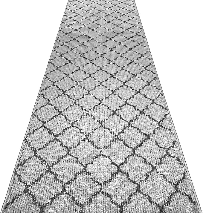 Custom Size Modern Runner Rug Carpet for Hallway Entryway Foyer Kitchen, Slip Resistant Latex Rubber Backed 31 inch Wide X Customized Length, Trellis Grey, 31 inch X 20 feet