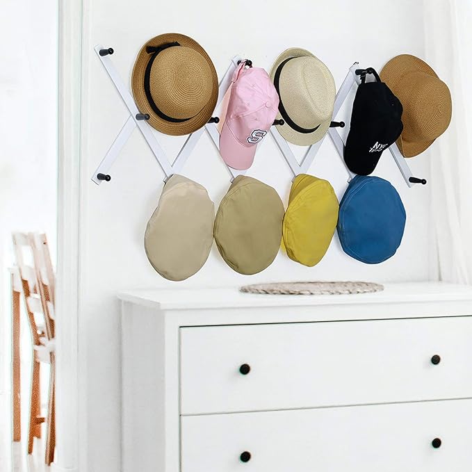WEBI Accordion Wall Hanger,Expandable Wooden Hat Rack for Wall Mounted Coat Rack,Accordion Hat Hooks Holder for Baseball Caps,17 Peg Hooks,Black on White,2 Packs